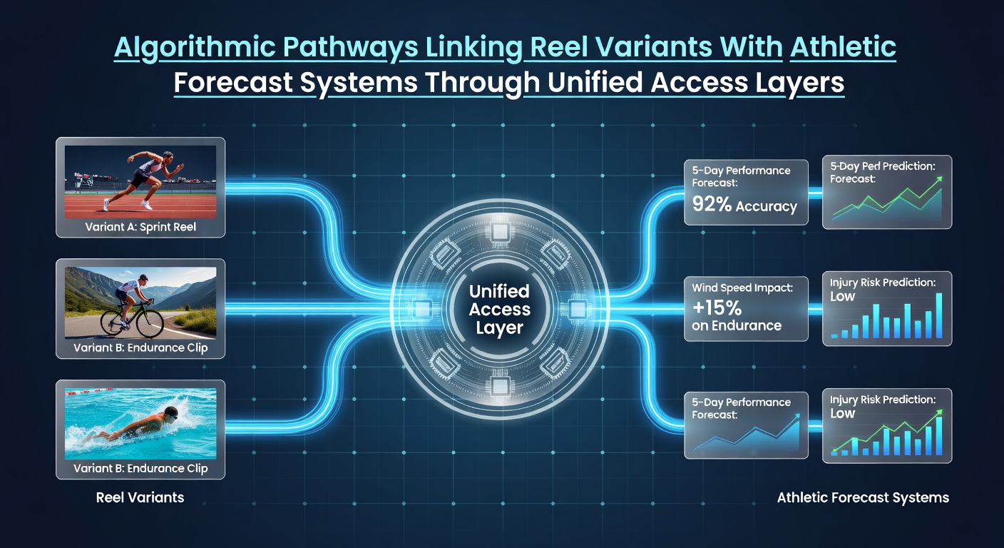 Diagram showing algorithmic pathways connecting reel variants with athletic forecast systems through unified access layers