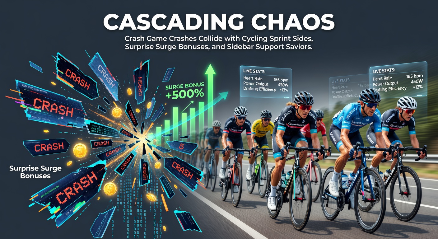 Dynamic screenshot of a crash game multiplier soaring before an abrupt crash, overlaid with cycling sprint footage and bonus notifications popping on the side