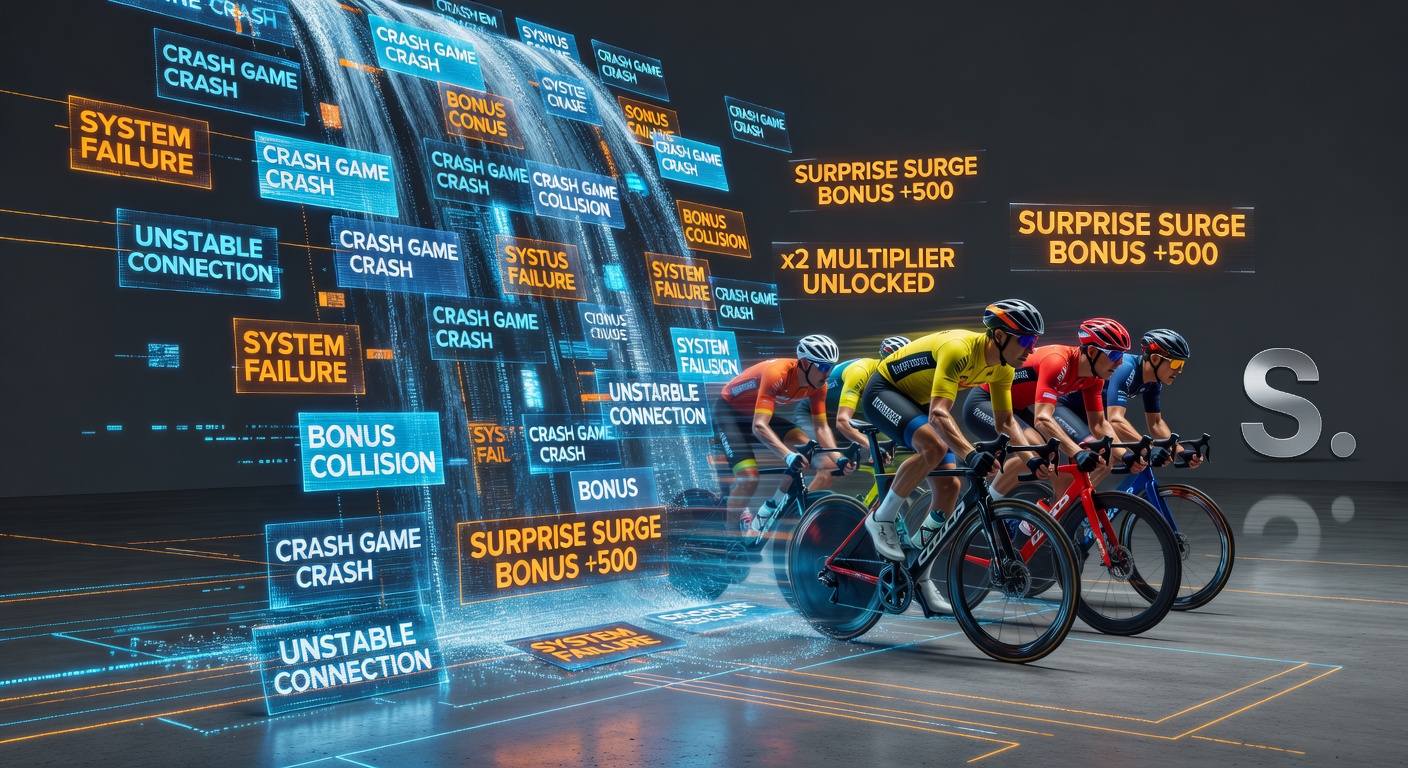 Close-up of a betting interface showing crash multiplier rising alongside cycling sprint odds board, with a surprise bonus surge notification and open sidebar chat window
