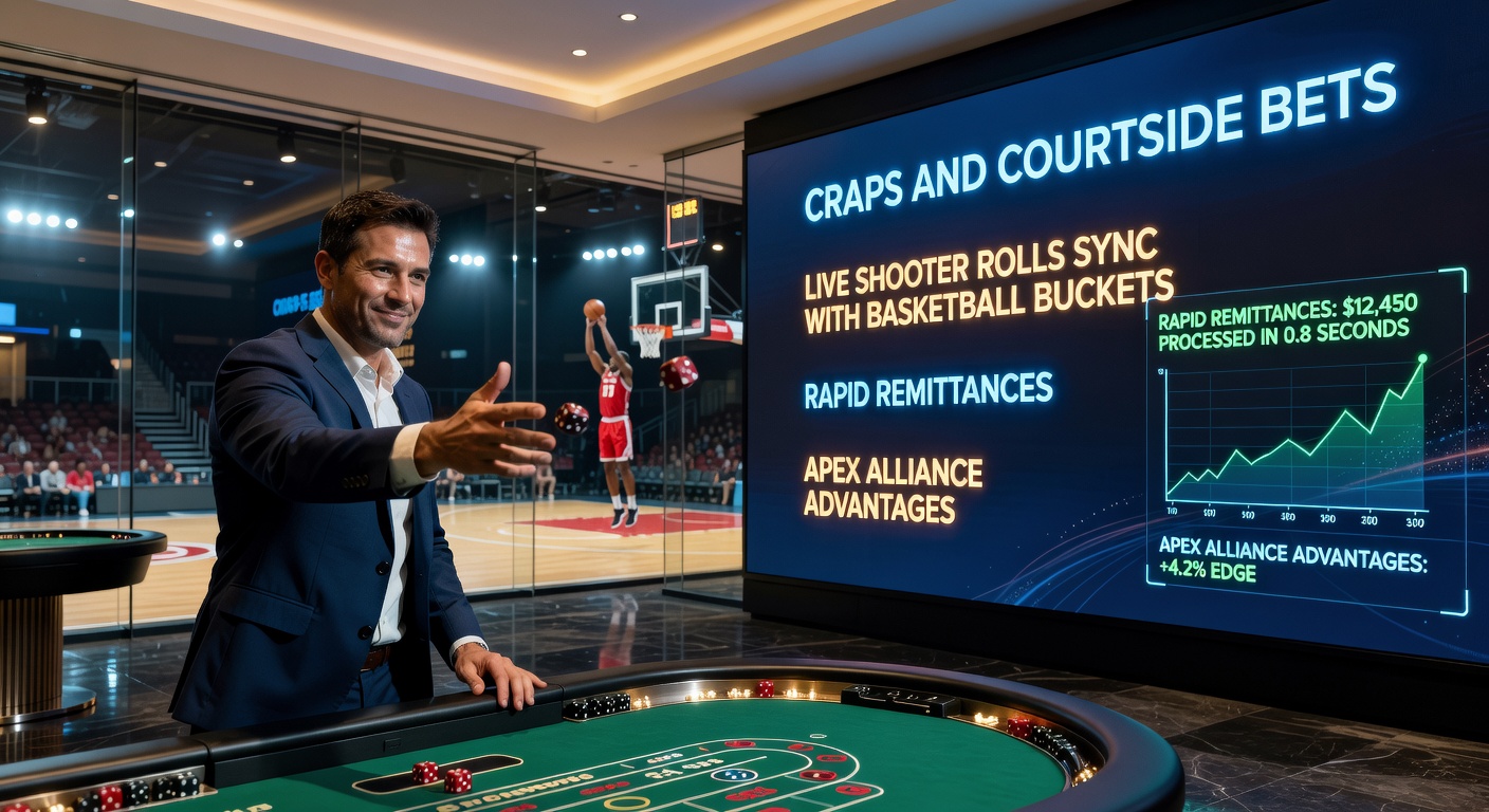 Dynamic scene of a craps table with dice rolling alongside a basketball court buzzer-beater dunk, highlighting synced betting action