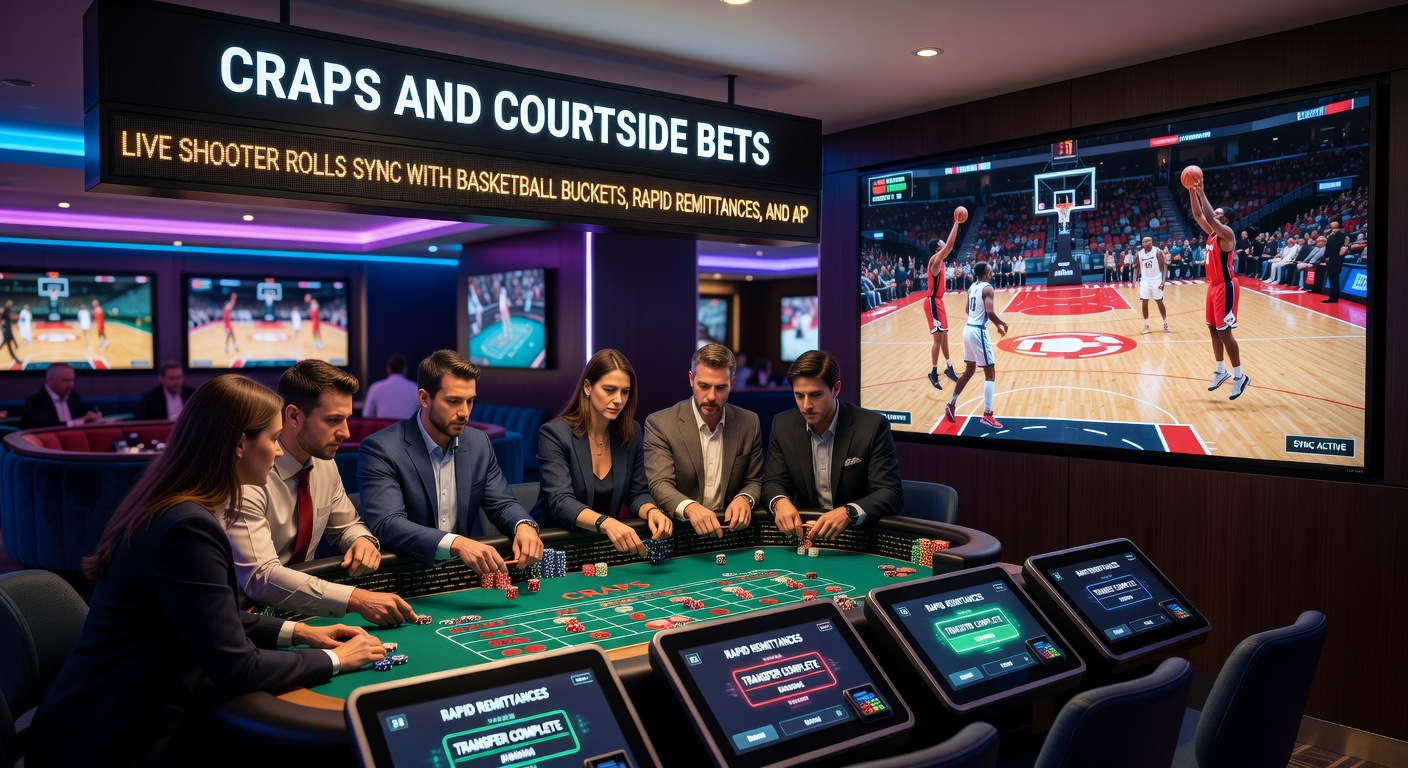 Close-up of mobile screen showing synced craps roll and basketball live bet, with payout icons flashing and VIP badge glowing