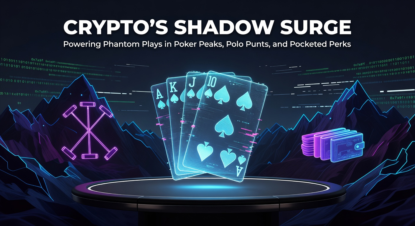 Digital cryptocurrency icons overlaying poker chips, polo players on horseback, and glowing wallet interfaces, symbolizing the intersection of crypto and niche gambling