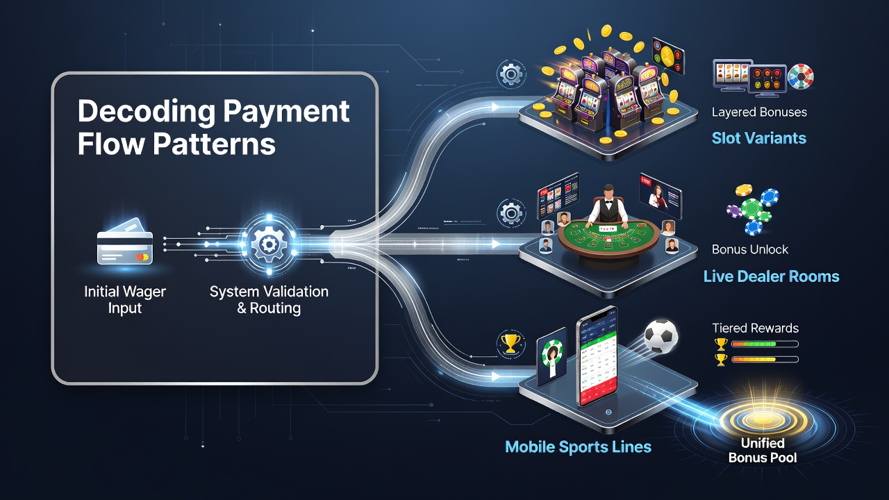 Illustration of payment flow patterns connecting slots, live dealer tables, and mobile sports betting interfaces
