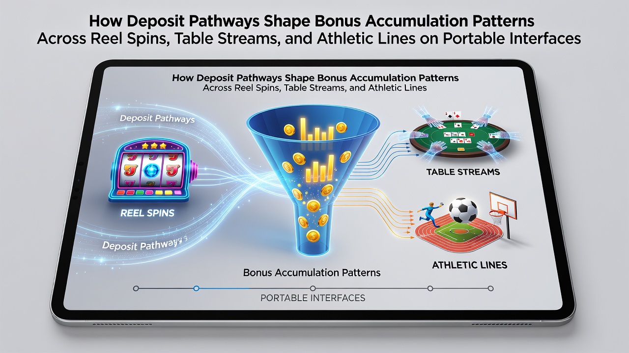 Mobile interface showing deposit options leading into slot reels, live tables, and sports lines with bonus meters highlighted