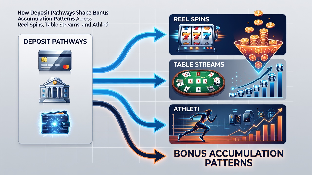 Split screen of mobile gameplay showing bonus meters progressing differently across slots, live tables, and sports betting sections