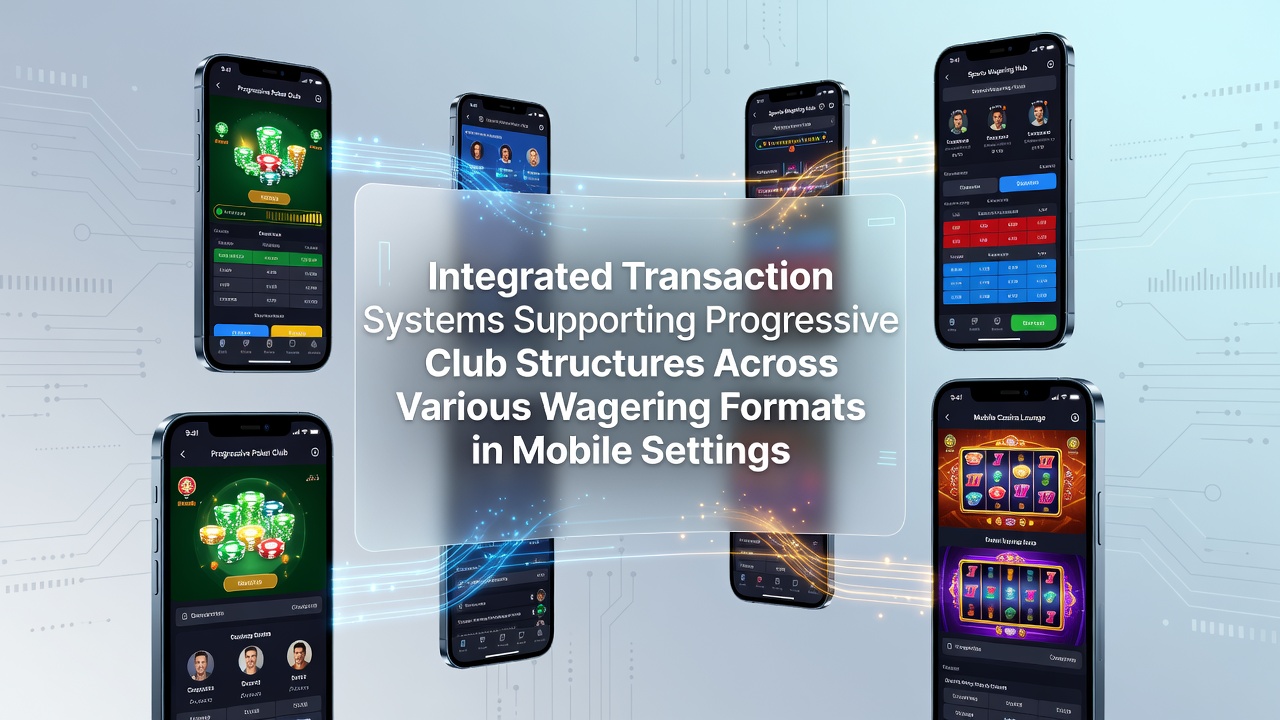 Illustration of mobile app interfaces displaying transaction flows and tier progression indicators across slots, sports, and live dealer sections