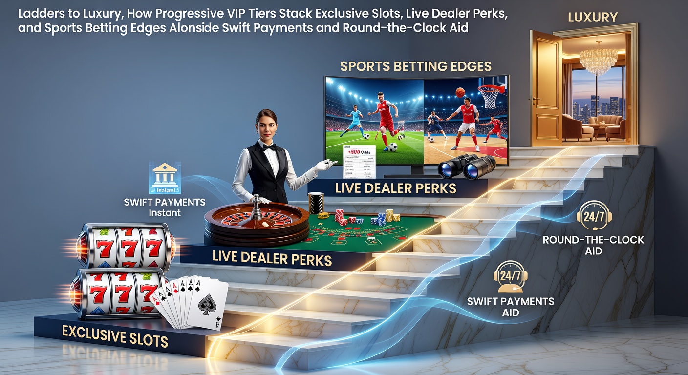 Illustration of a golden ladder ascending through casino tiers, showcasing VIP perks like slots, live dealers, and sports bets amid swift cash flows and support icons