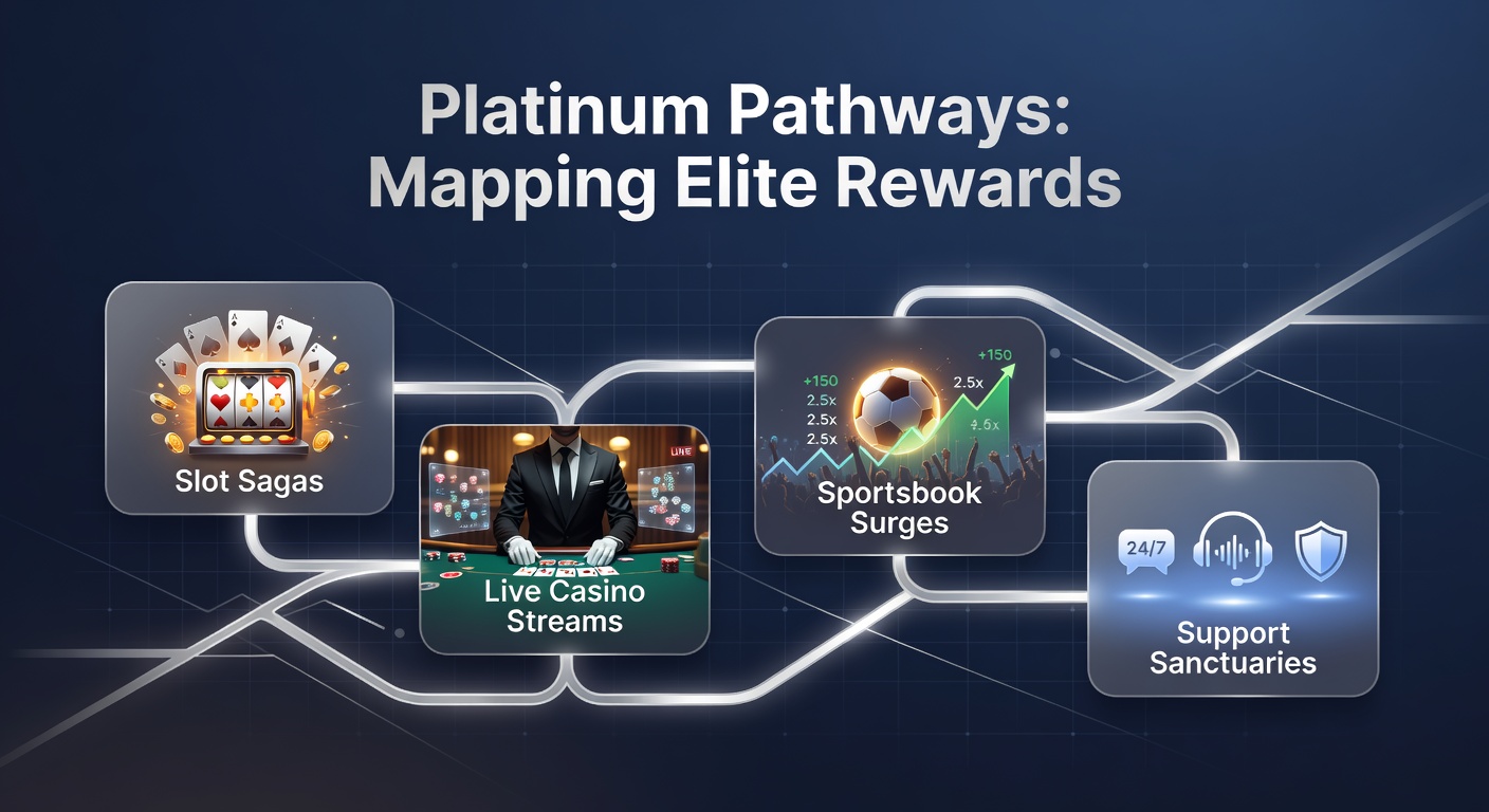 Golden pathways winding through vibrant slot reels, live dealer tables, surging sportsbooks, and glowing support icons representing elite VIP rewards