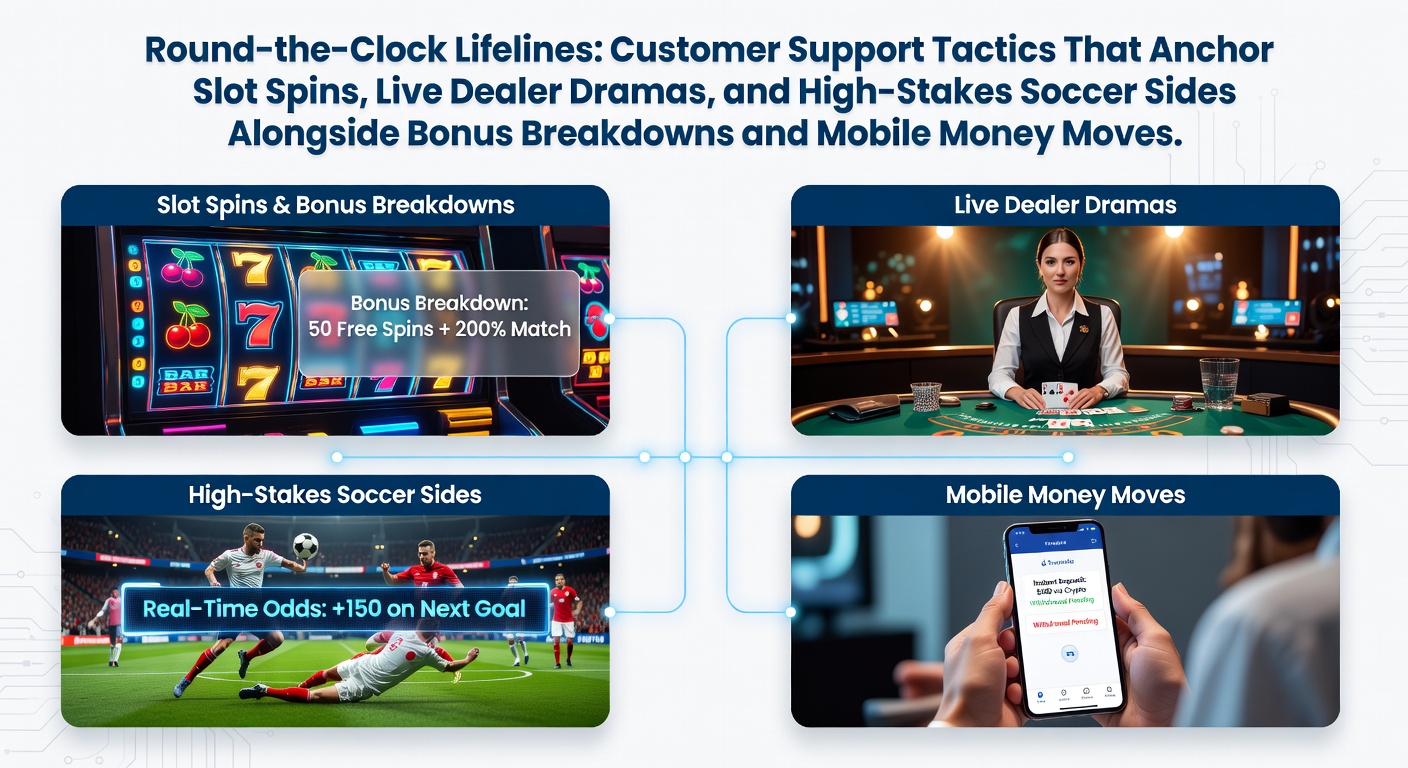 Operators at a customer support desk handling live queries for slots and sports bets, screens glowing with chat windows and player data
