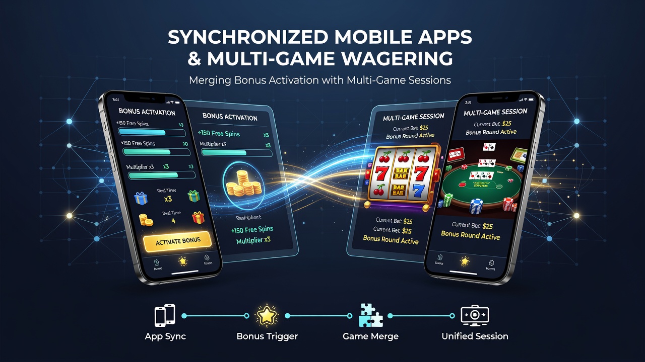 Mobile app interface showing synchronized bonus activation across slots, live dealer tables, and sports betting sections on a single device screen