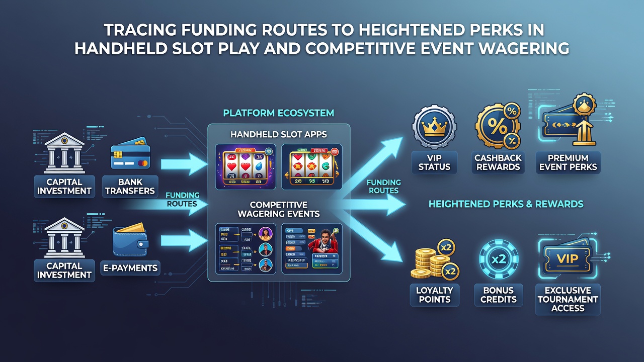 Infographic showing layered funding routes from slot revenues to event wagering perks with highlighted capital allocation nodes